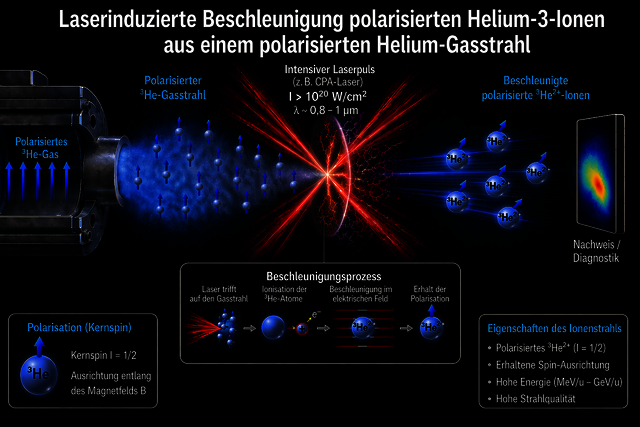 Ein Gasstrahl von polarisiertem Helium-3 (von links kommend) wird mit einem intensiven Laserpuls aus dem PHELIX-Laser beschossen (Mitte), so dass es zu einer Laser-Plasma-Beschleunigung kommt. Die beschleunigten Helium-3-Teilchen treffen (rechts) auf einen Detektor, der den Polarisationsgrad misst. 