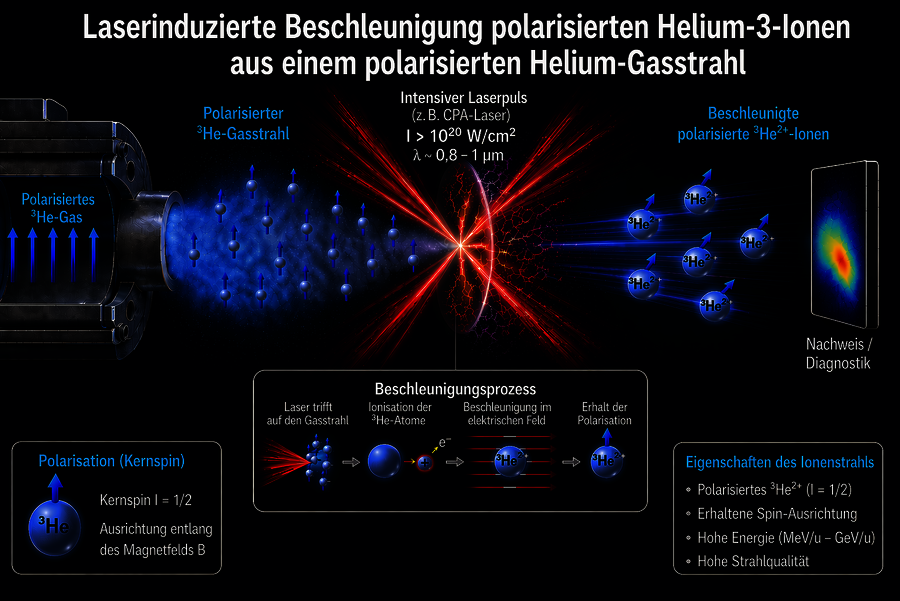 Ein Gasstrahl von polarisiertem Helium-3 (von links kommend) wird mit einem intensiven Laserpuls aus dem PHELIX-Laser beschossen (Mitte), so dass es zu einer Laser-Plasma-Beschleunigung kommt. Die beschleunigten Helium-3-Teilchen treffen (rechts) auf einen Detektor, der den Polarisationsgrad misst. 
